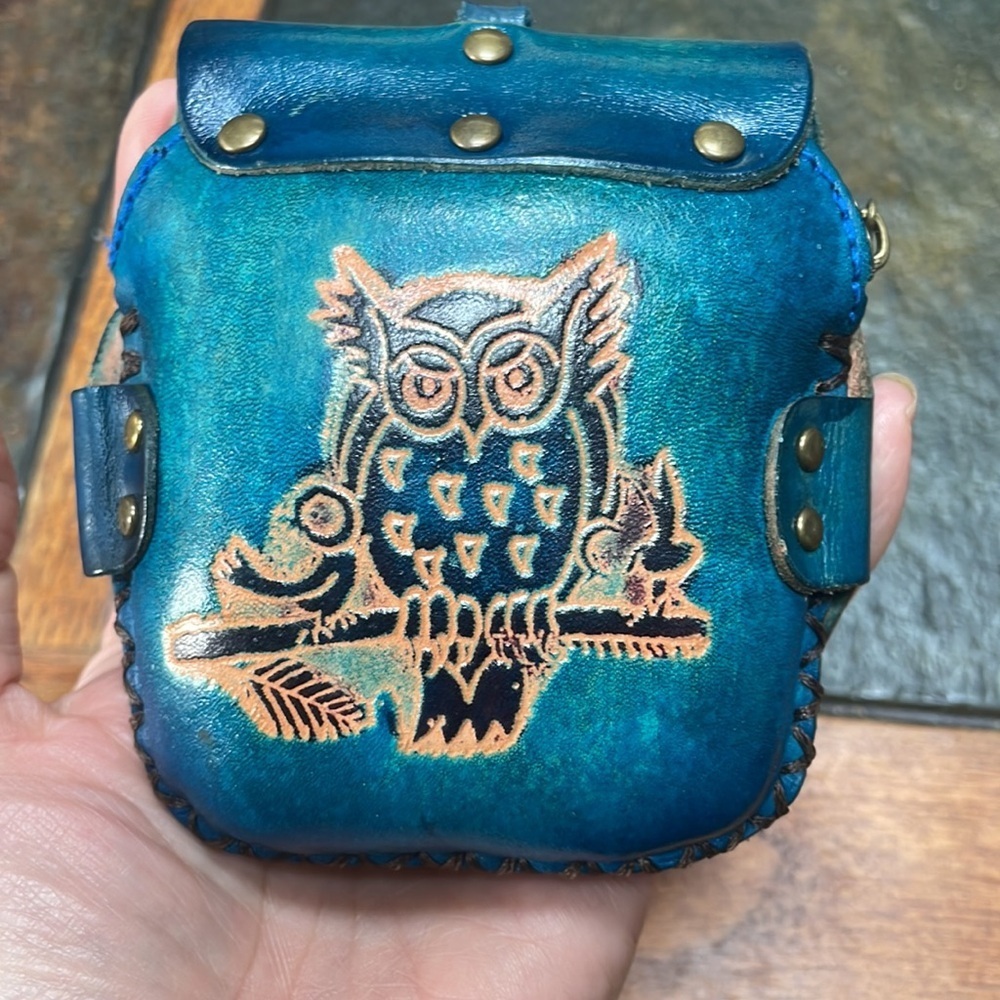 2 owl embossed leather handmade crossbody wristlet keychain bag handbag purse - Picture 9 of 11
